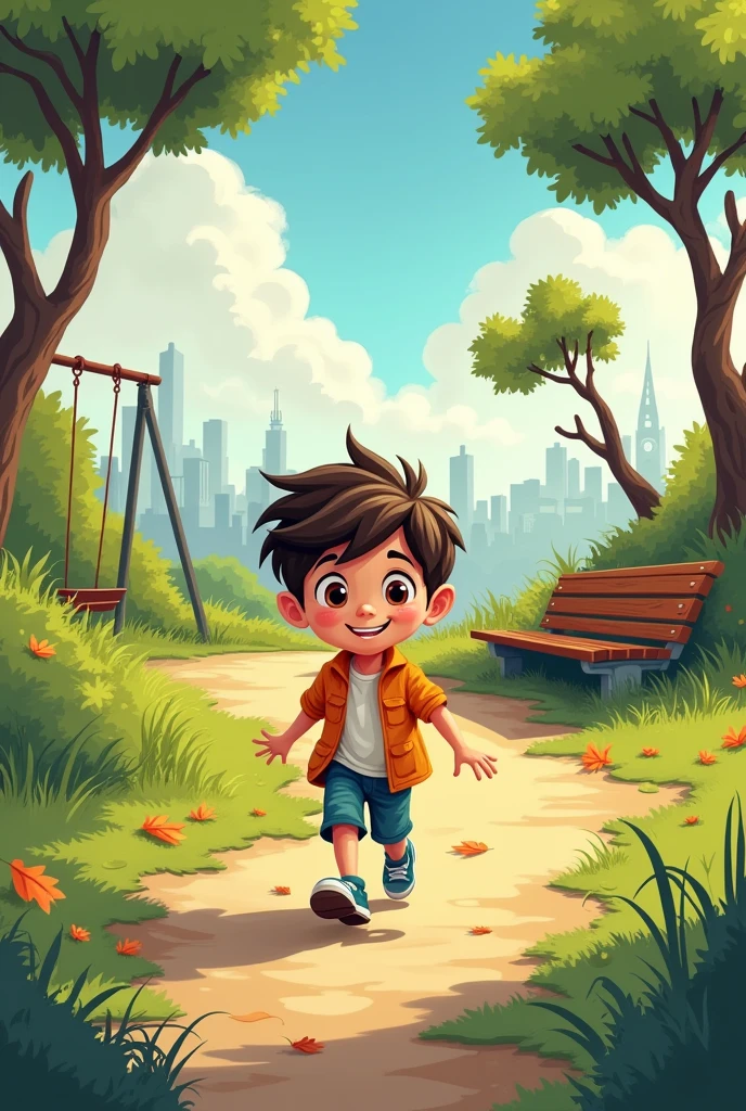 Cartoon of a boy walking in a deserted park