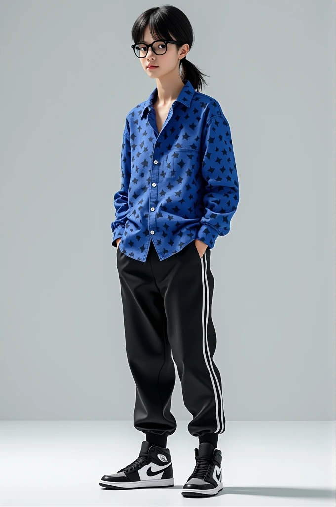 A 19 year old boy,60 with ponytail hair that reaches about halfway down the neck, he wears black glasses and a blouse with a blue star print, His pants are black with white stripes on the sides vertically and he wears sneakers.(Jordan-looking) black andwhite