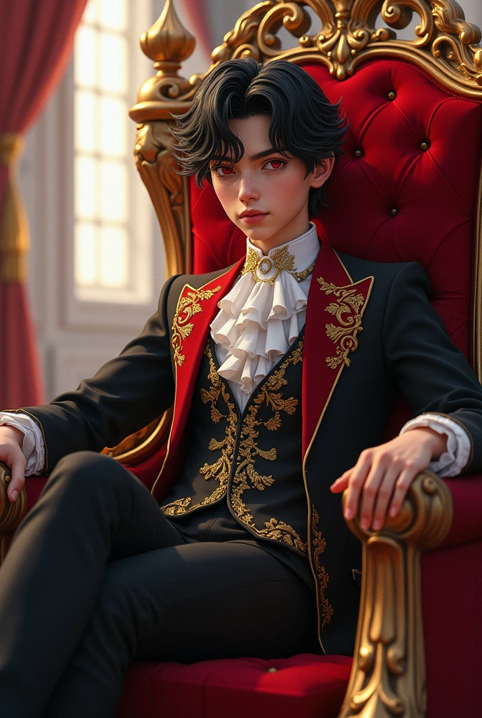 A fifteen years old boy with black hair and red eyes wearing noble and lucious clothes. Casually sitting on the throne.