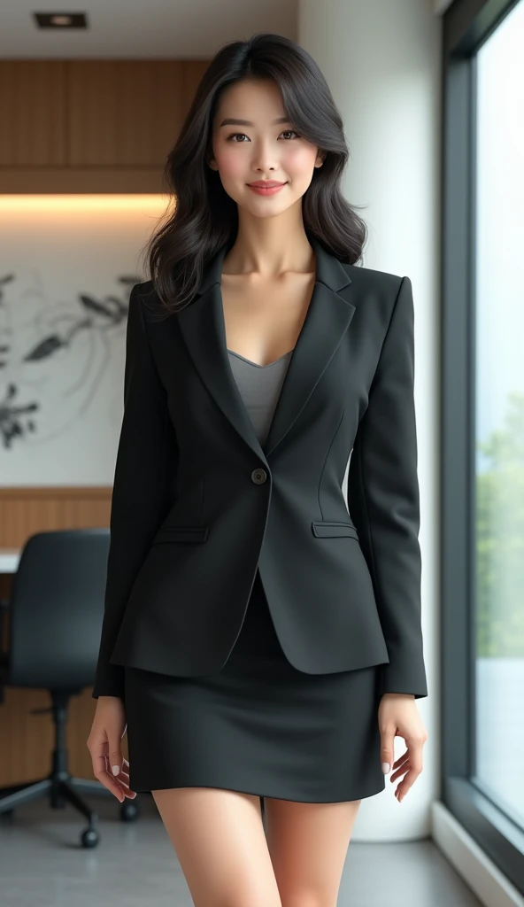 Please generate a realistic image of a beautiful Japanese office lady, aged 25。The woman is wearing a suit and a tight mini skirt.。The chest is large。The location is the office。A woman is smiling。