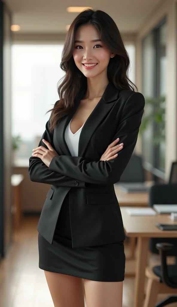 Please generate a realistic image of a beautiful Japanese office lady, aged 25。The woman is wearing a suit and a tight mini skirt.。The chest is large。The location is the office。A woman is smiling。