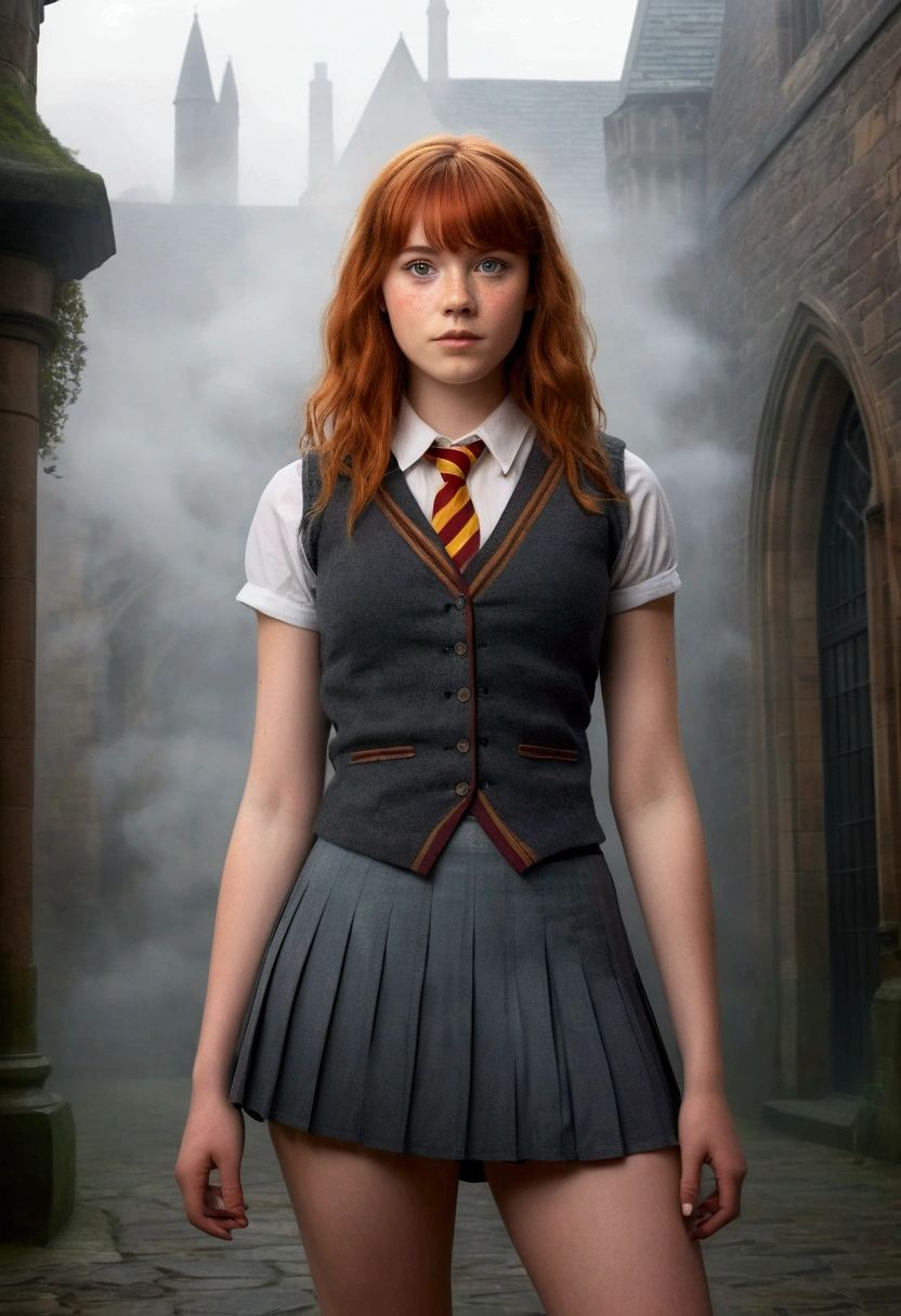 An illustrated movie poster, hand-drawn, full color, a teenage Hogwarts student, 18-years-old, female, wearing a charcoal vest and a pleated skirt, athletic hourglass figure, busty bosoms, full wide hips, massive round butt, long shapely legs, ridiculously thick powerful thighs, vibrant eyes, red auburn hair, thick shaggy bangs, flushed sun-kissed complexion, freckles, resembles Freya Allen, standing in a foggy Hogwarts courtyard, surrounded by mist, graphite shading, stencil marks, airbrushed acrylic paint, masterpiece