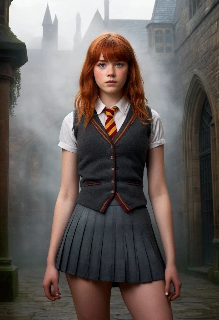 An illustrated movie poster, hand-drawn, full color, a teenage Hogwarts student, 18-years-old, female, wearing a charcoal vest and a pleated skirt, athletic hourglass figure, busty bosoms, full wide hips, massive round butt, long shapely legs, ridiculously thick powerful thighs, vibrant eyes, red auburn hair, thick shaggy bangs, flushed sun-kissed complexion, freckles, resembles Freya Allen, standing in a foggy Hogwarts courtyard, surrounded by mist, graphite shading, stencil marks, airbrushed acrylic paint, masterpiece