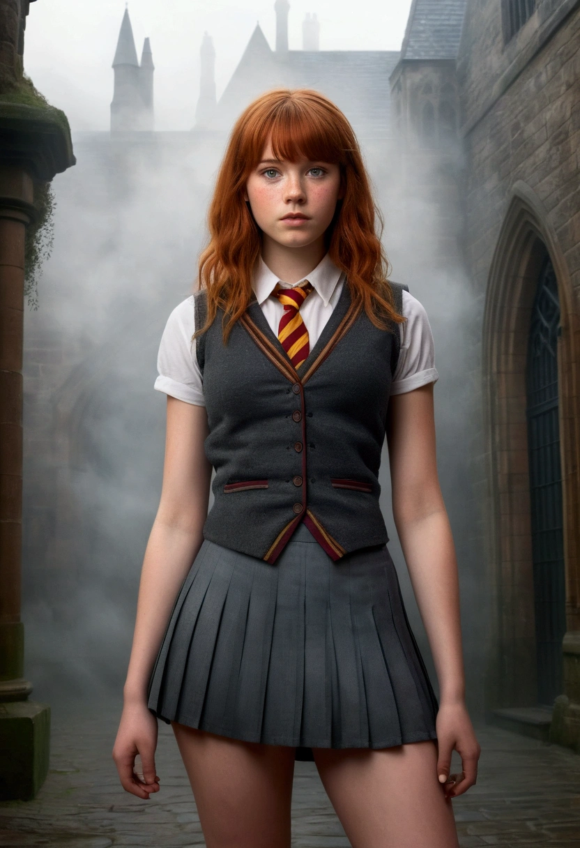 An illustrated movie poster, hand-drawn, full color, a age Hogwarts student, 18-years-old, female, wearing a charcoal vest and a pleated skirt, athletic hourglass figure, busty bosoms, full wide hips, massive round butt, long shapely legs, ridiculously thick powerful thighs, vibrant eyes, red auburn hair, thick shaggy bangs, flushed sun-kissed complexion, freckles, resembles Freya Allen, standing in a foggy Hogwarts courtyard, surrounded by mist, graphite shading, stencil marks, airbrushed acrylic paint, masterpiece