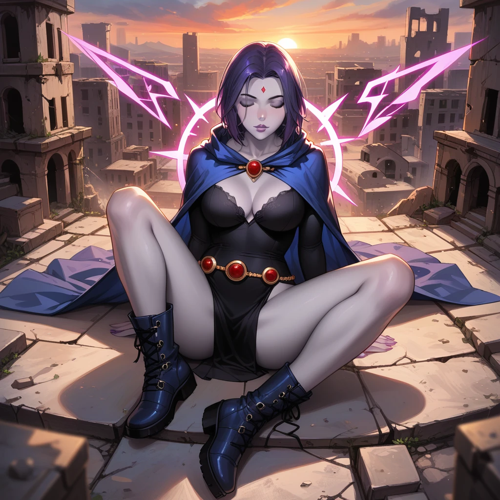 score_9, score_8_up, score_7_up, score_6_up, BREAK 1girl, (Raven, grey skin, bare legs, cape, boots:1.4), sexy woman, cleavage, BREAK (casting a spell, pink energy, rune symbols:1.3), (sitting down, legs spread:1.2), eyes closed, BREAK (building ruins:1.1), (sunset:1.2), shallow depth of field, BREAK highly detailed, bokeh, moody, epic, gorgeous, grainy, BREAK (ultra-detailed), (best illustration), (best shadow), (absurdres), (detailed background), (very aesthetic), view from above.