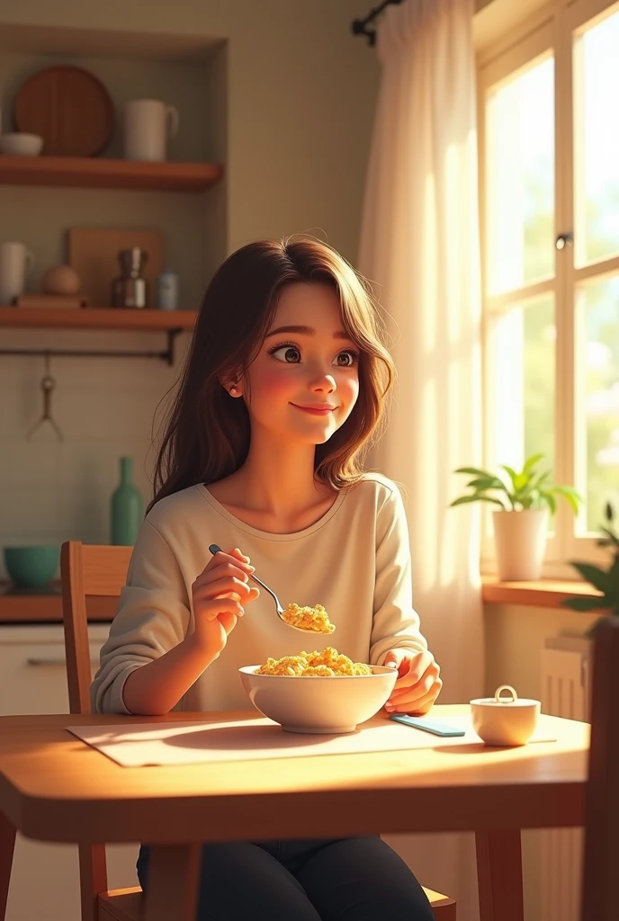 Eating Breakfast**: Emma is sitting at a kitchen table, eating a bowl of cereal with milk. The kitchen is warm and inviting, with a window showing the morning light. She has a spoon in her hand and looks happy.