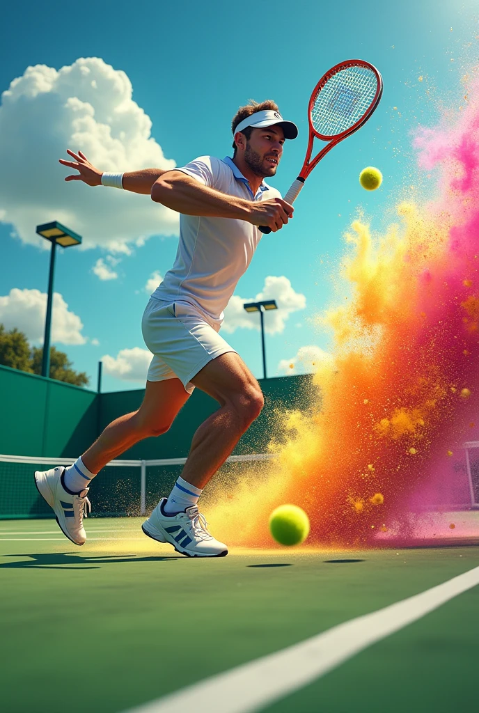 Tennis player holding a racket and hitting the tennis ball, Many bright colors come out of the tennis ball,