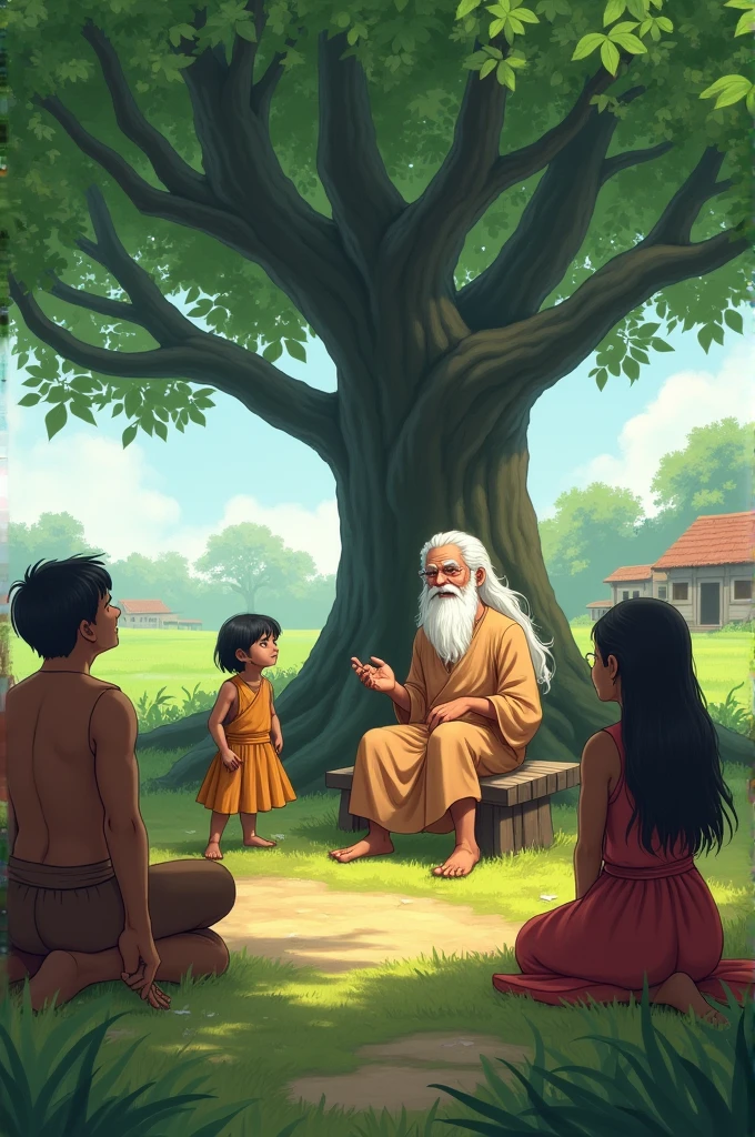 "A serene, rural village setting with simple houses, lush green fields, and a large banyan tree under which an elderly man sits. The elderly man, with a kind and wise expression, has white hair and a long beard. He is dressed in simple, traditional clothing and sits on a low wooden stool. Villagers are seen around him, some standing, others sitting on the ground, attentively listening to him as he offers advice. The atmosphere is calm and filled with respect."