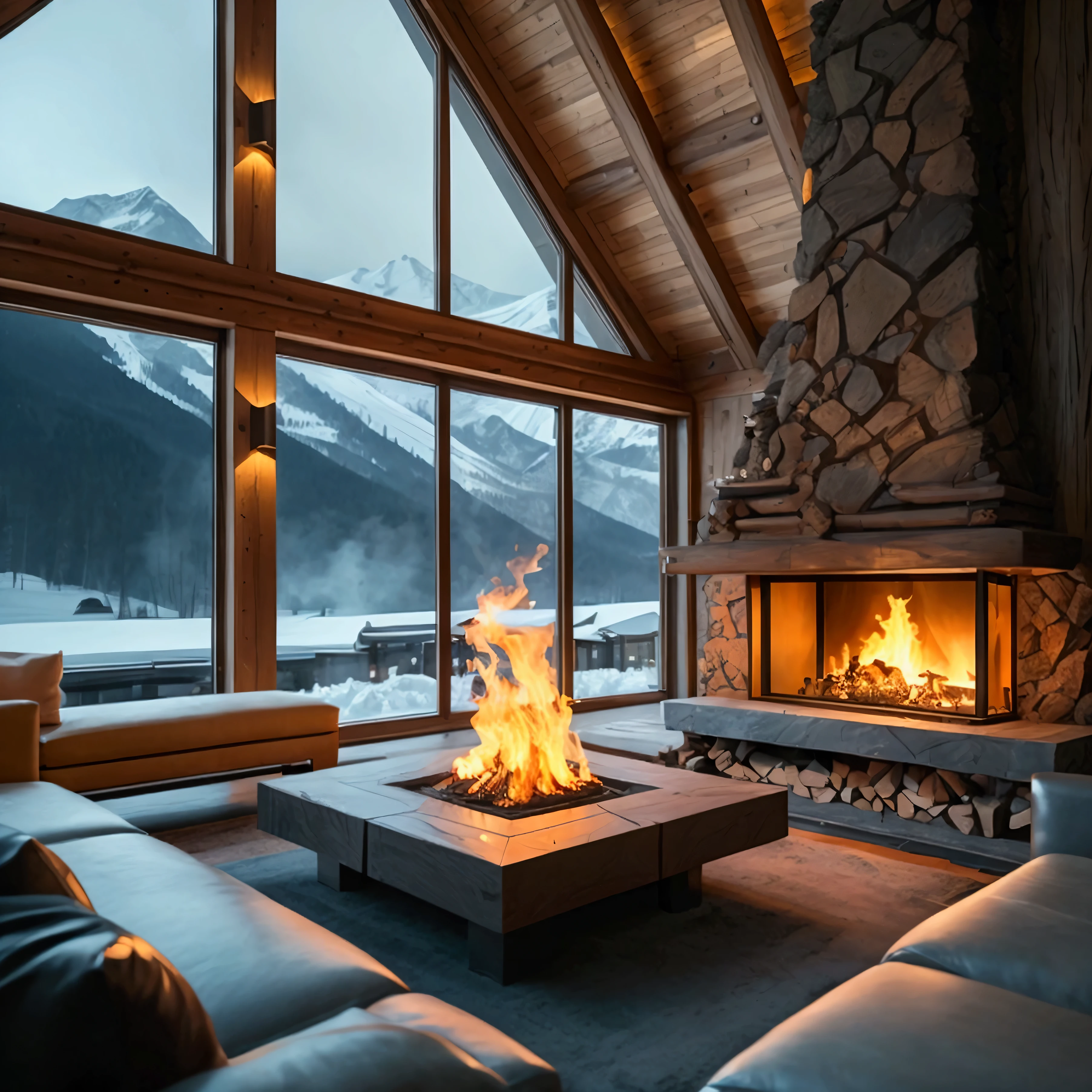 A fire is burning in the fireplace in the center of the picture.。indoor photos。Behind the fireplace is a large glass window.。Real。Depicted in detail。Mountain lodge。