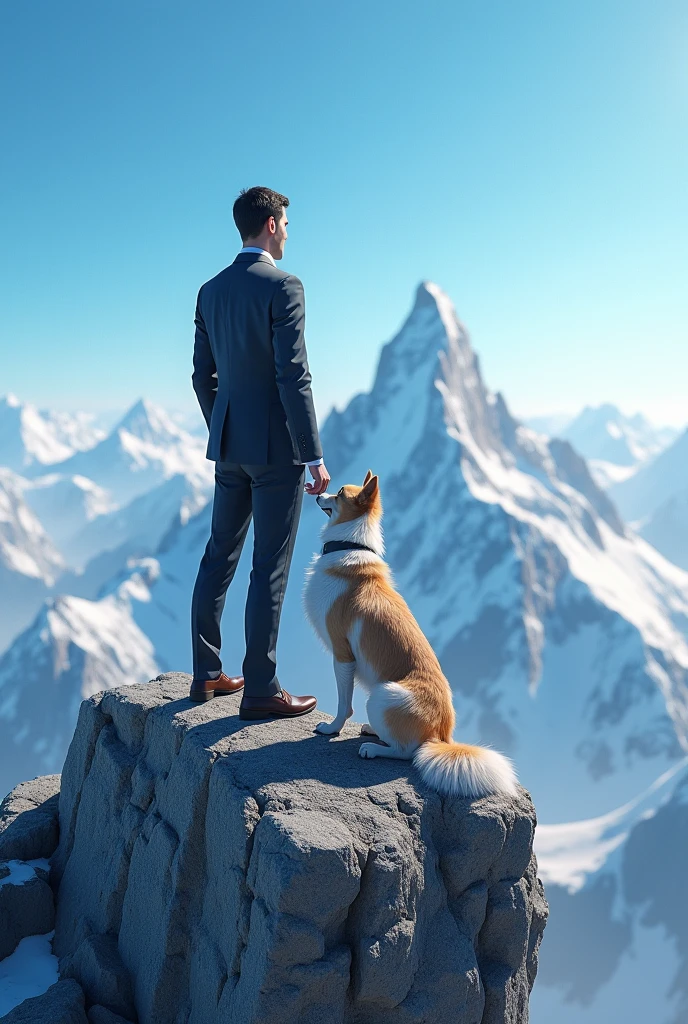 Imagine a scene where a person in business attire—perhaps with a suit and tie—stands triumphantly on top of a mountain peak. Beside them is a loyal dog, looking content and playful. The background features a breathtaking view of surrounding mountains and a clear blue sky. This image symbolizes the pinnacle of achievement and balance between work and personal life. If you're working with a graphic designer or an artist, you can share this description to help bring your vision to life.
