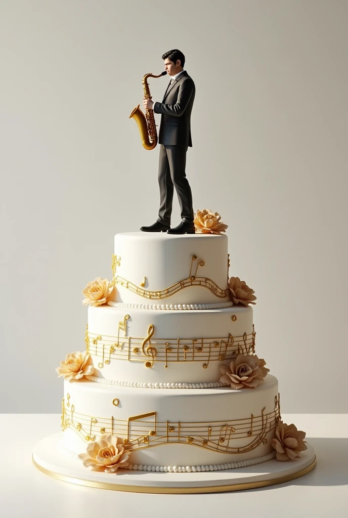 3-tier white and gold cake with lots of gold details of musical notes and sheet music and an adult man with his saxophone on top 