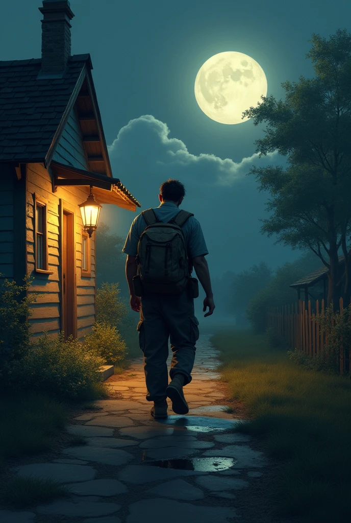 A man in work clothes walks towards the front door of his house in the middle of the night. illuminated by the soft and serene moonlight