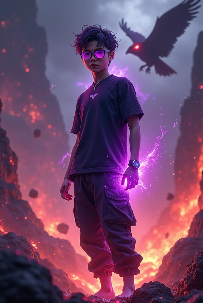 a man real teenage 14 year old chinese man.(purple glasses) sharp eyes. Anger face. Open mouth. . wearing an (dark purple ) future shirt . anger face.wavy hairstyle purple. Dramatic.. stand on lava ,(dark purple)cargo pant,, detailed face, cinematic lighting, dramatic atmosphere,.hot day. vibrant colors, 8k, high quality, photorealistic. Hero suit.shadow power dark power from his hand. Glowing magic element shadow elment from hand...purple watch, ember everywhere . Glowing dark purple, shadow logo design on pant . Very strong. Future design dress. Very epic. Very hot background.. dark sky. Very strong . fire very strong . Flying burn dry leave everywhere..Shadow Imitation sharp shape power from hand .rasengan . at volcano Damage building. Floating small rock everywhere. Shadow Imitation Technique.(( shadow eagle background red eyes))
