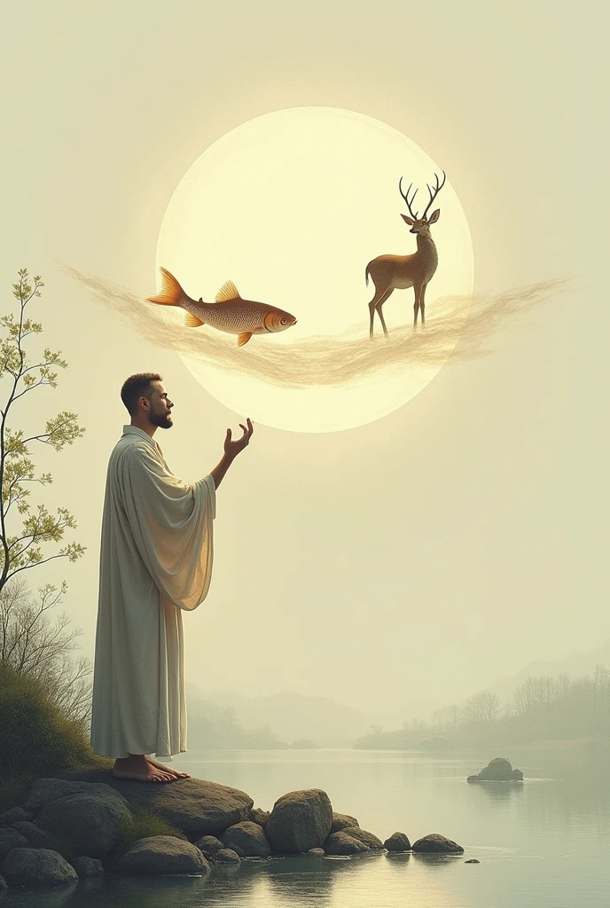 The man smiles and, using the same technique, draw a fish inside the larger circle and a deer inside the smaller one. Thus, both agree that the sharing of resources will be mutual and that there will be an exchange of knowledge.)