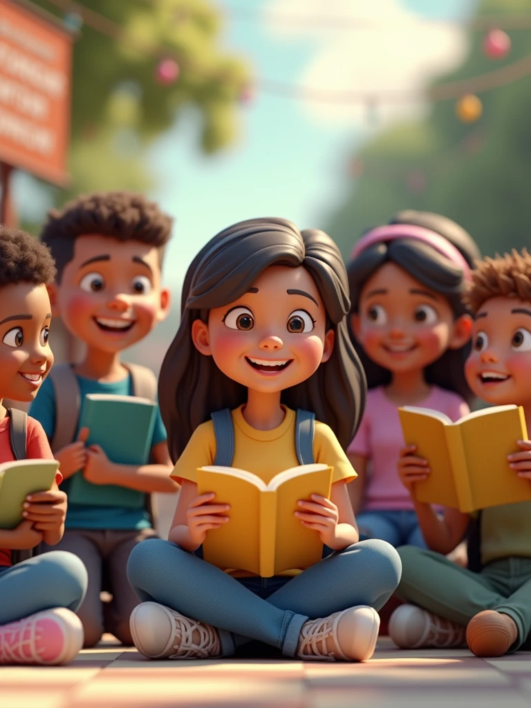 A highly detailed and ultra-realistic 3D image of a diverse group of students, aged 10 to 18, captured in a joyful moment. The students are outdoors, gathered together in a bright, welcoming environment, with expressions of happiness and excitement as they engage in activities like reading, playing, and chatting. The background features subtle yet festive elements such as banners and posters promoting Statewide Student Week. The scene is shot in high definition, with lifelike skin textures, natural lighting, and rich colors, rendered in 8K resolution, making it ideal for a promotional campaign celebrating the importance of students and education.