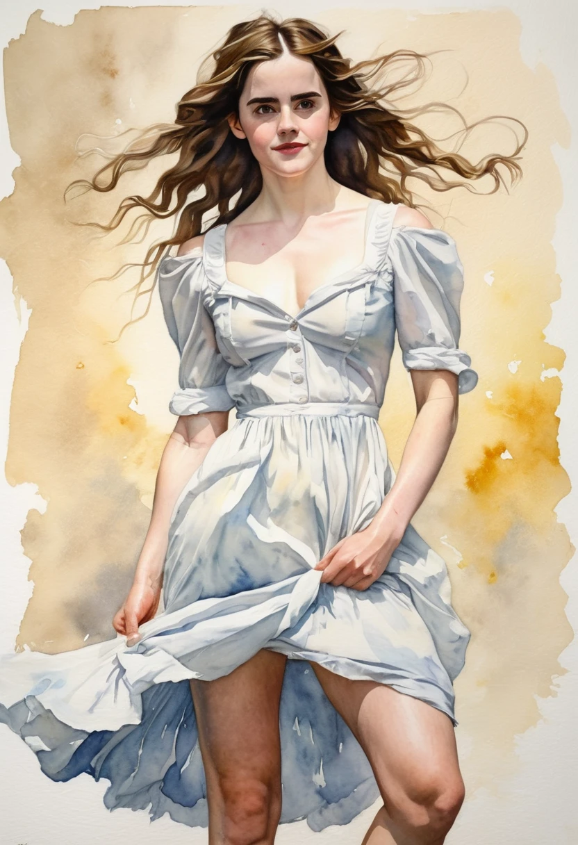 watercolor painting of a pale skin woman resembling Emma Watson, long wavy hair cascading down her shoulders, ((muscular body:1.1)), defined muscles in her arms and legs, large muscles accentuating her physique, huge breasts, wearing a short sundress, set against a softly blurred background featuring vibrant, classic elements in the style of Norman Rockwell, showcasing a blend of realism and artistic detail
