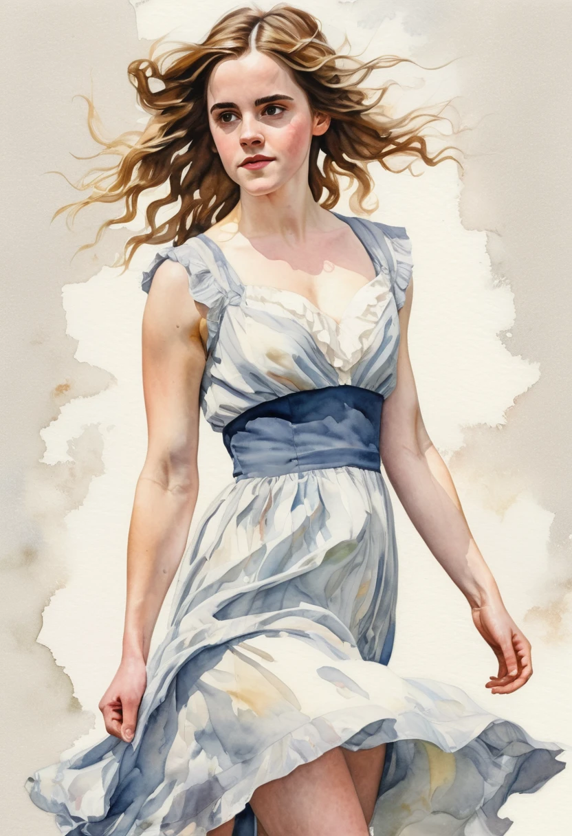watercolor painting of a pale skin woman resembling Emma Watson, long wavy hair cascading down her shoulders, ((muscular body:1.1)), defined muscles in her arms and legs, large muscles accentuating her physique, huge breasts, wearing a short sundress, set against a softly blurred background featuring vibrant, classic elements in the style of Norman Rockwell, showcasing a blend of realism and artistic detail