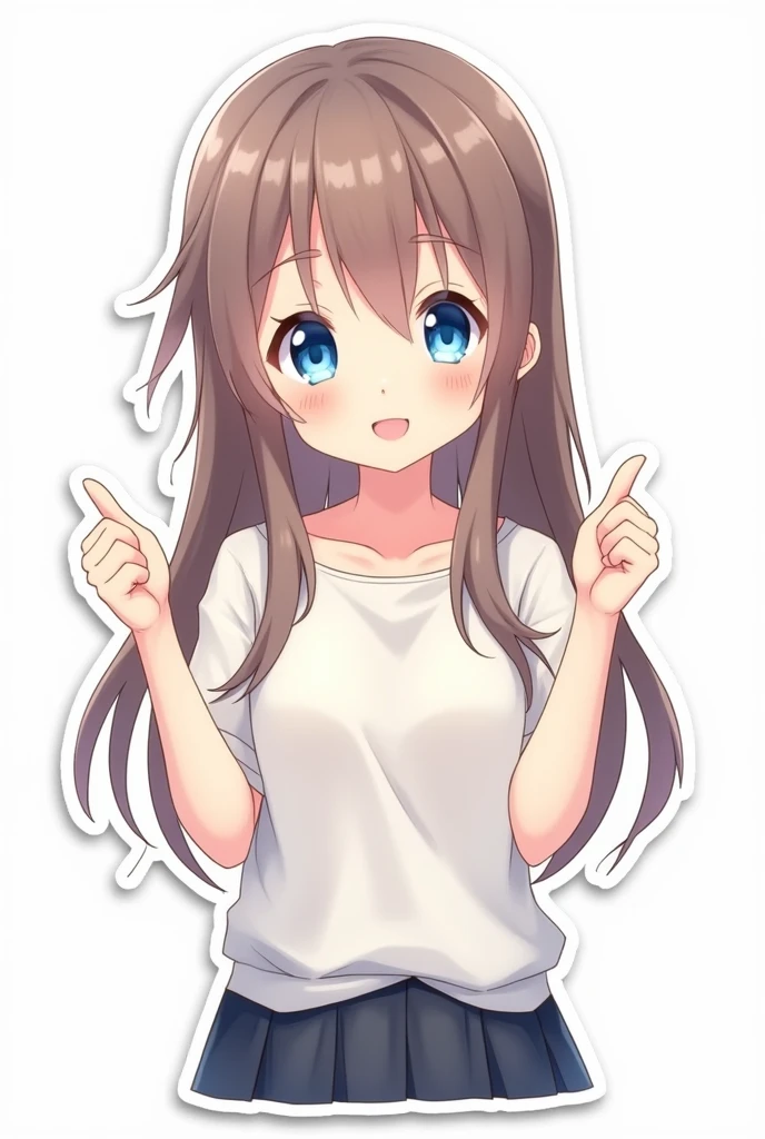 Anime girl with long hair and blue eyes in shirt and skirt, Cute anime girl, Cute anime face, extremely cute anime girl face, Anime visuals of cute girls, portrait of cute anime girl, portrait of cute anime girl, cute kawaii girl, portrait of cute anime girl, kawaii anime manga style, cute anime style, cute anime girl, splash art anime , anime, anime style, Sticker, surrounded by white outline, on transparent background, epic, gives a thumbs up