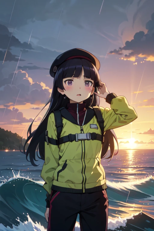 (fishing) , One personの女, ((ruri gokou)), Long Hair, blush, Black Hair, One person, pants, Mole, Mole under eye, hat, Life jacket, Rain jacket, Rough seas, sunset, Giant fish, 勇敢なfishing人, High waves, storm, Powerful expression