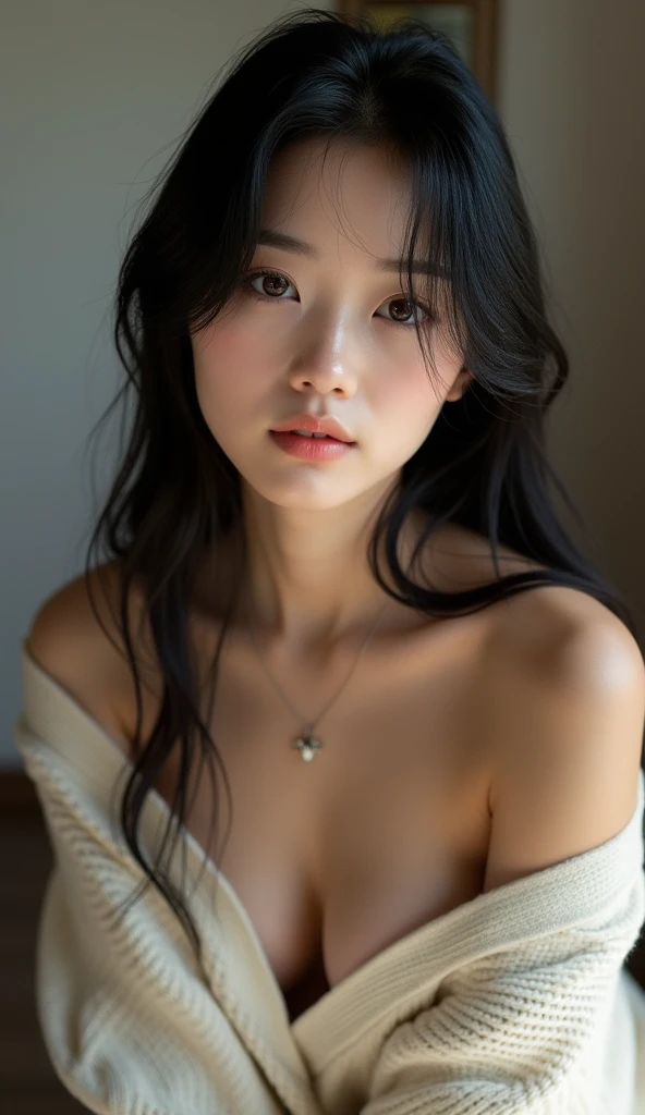 a Korean girl, age 19, Solo, long straight hair, black hair, very beautiful, Looking at Viewer, , Bare shoulders, Brown eyes, Full body, Cleavage, Sweater, Realistic, Sexy, home background