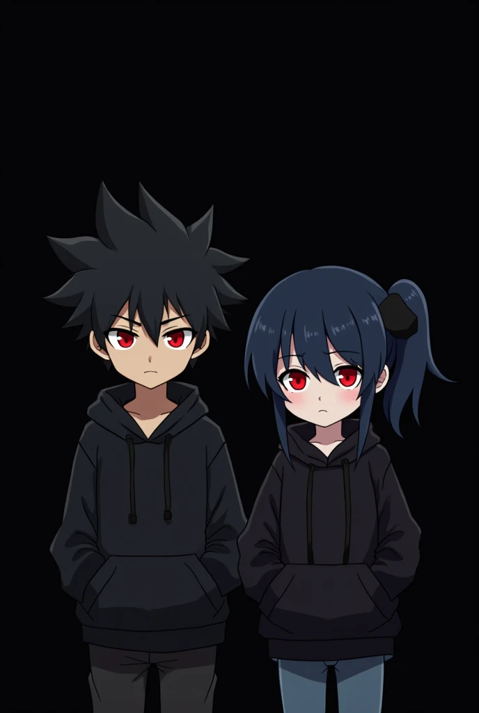 A boy ((( Anime boy , Spiky hair , black hair , black hoodie , blood red eyes , narrowed eye
 ))) , A girl ((( Anime girl , dark blue hair , modern day mullet hair style , black hoodie , red eyes , almond eye
 ))) chibi , blank black background