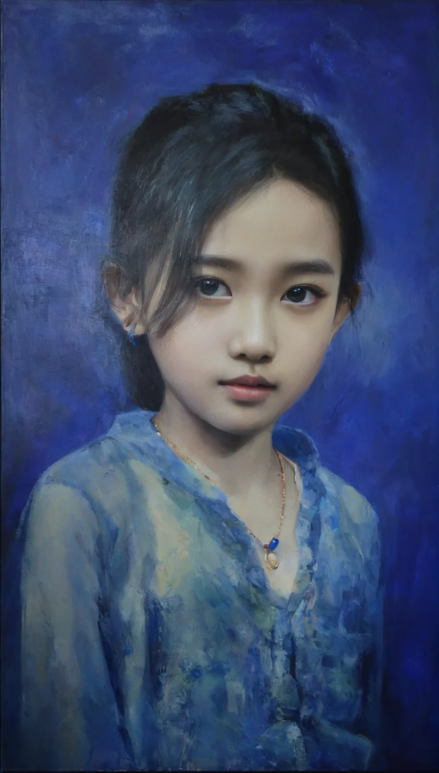 painting of a young girl with a blue shirt and necklace, young girl, oil on canvas, yanjun chengt, oil on canvas 8k, oil on canvas 8 k, 8k resolution.oil on canvas, front portrait of a girl, inspired by Wang Ximeng, portrait young girl, oil on canvas painting, oil on canva, portrait girl