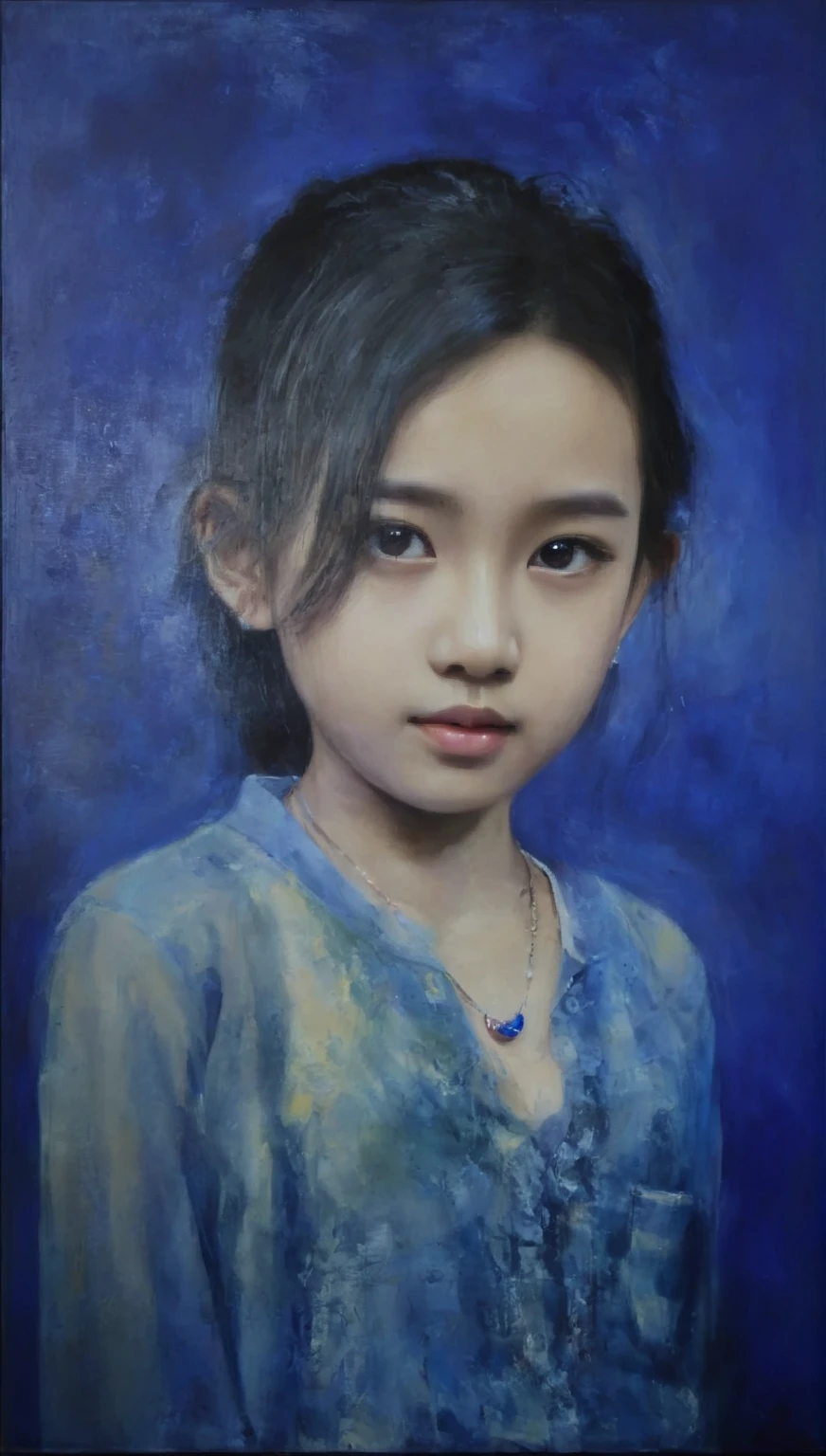 painting of a young girl with a blue shirt and necklace, young girl, oil on canvas, yanjun chengt, oil on canvas 8k, oil on canvas 8 k, 8k resolution.oil on canvas, front portrait of a girl, inspired by Wang Ximeng, portrait young girl, oil on canvas painting, oil on canva, portrait girl