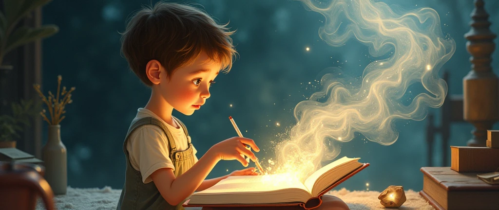 un enfant qui lit un livre et le mode de se livre se developpe en dessin qui s'echappe en fummé vers la droite