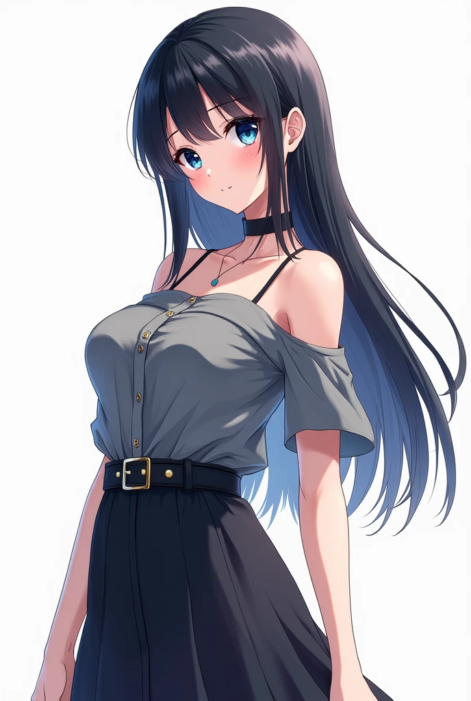 masterpiece++, best quality++, beautiful+, anime style,1person, full body image, skirt, leather belt, off shoulder dress shirt, beautiful blue eyes++, long straight black hair, modern style, choker