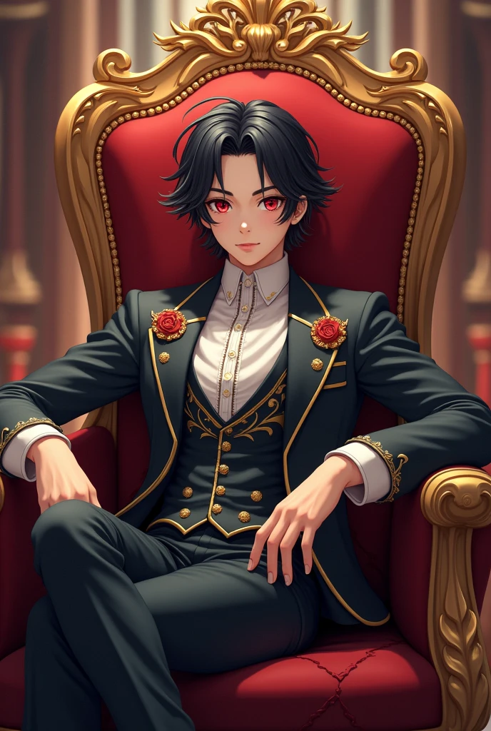 A fifteen years old boy with black hair and red eyes wearing noble and lucious clothes. Casually sitting on the throne.