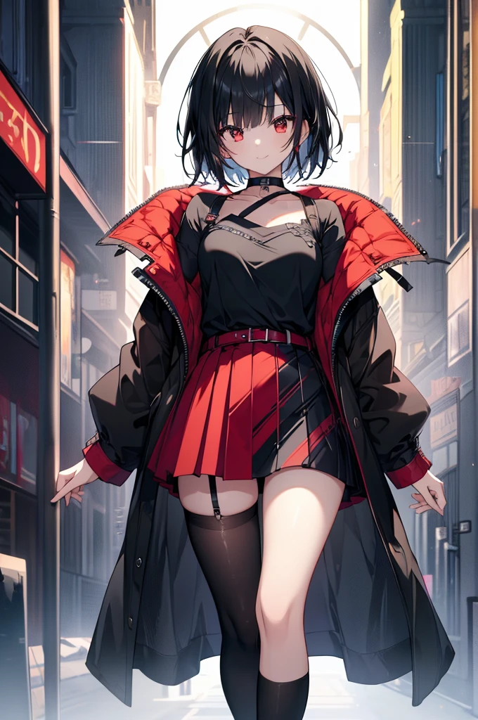 (masterpiece, highest quality, highest quality, (No text), Beautiful and aesthetic:1.2),No text,アニメ、BREAK,One Girl,Black Hair Girl adult short hair older sister choker Beautiful eyes Red eyes cool smile Black and Red Cute clothes Black jacket stockings whole body In town