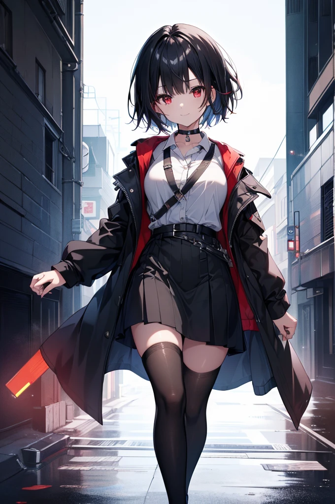 (masterpiece, highest quality, highest quality, (No text), Beautiful and aesthetic:1.2),No text,アニメ、BREAK,One Girl,Black Hair Girl adult short hair older sister choker Beautiful eyes Red eyes cool smile Black and Red Cute clothes Black jacket stockings whole body In town