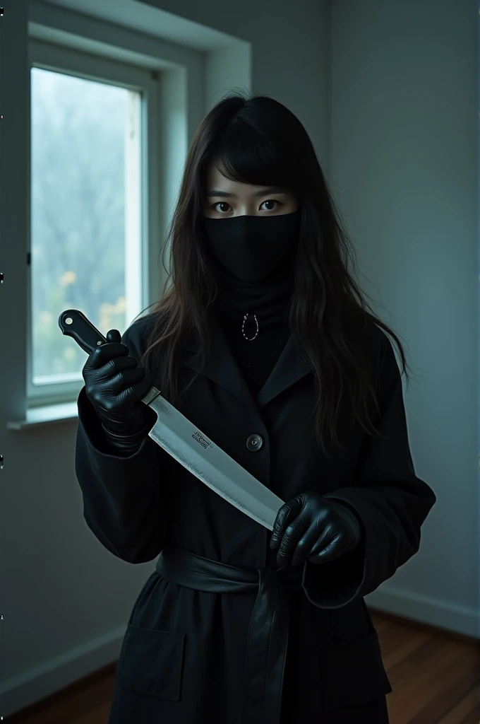 korean girl, (behind stiff, holding knife), stabbing, black balaclava mask, black leather gloves, black room, black raincoat, girl only, holding knife, leather gloves, woman on top, behind cadaver, looking at viewer, blood splatter, white room, night, by the window mass murderer, killer, blood splatter, tripod and camera in the back, shooting with camera
