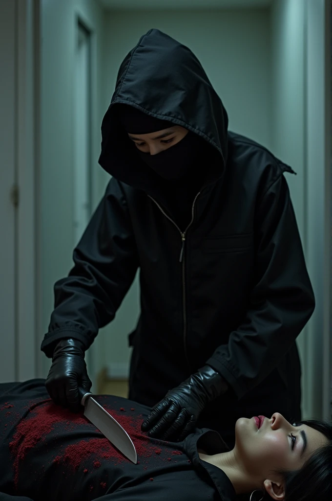 korean girl, (behind stiff, holding knife), stabbing, black balaclava mask, black leather gloves, black room, black raincoat, girl only, holding knife, leather gloves, woman on top, behind cadaver, looking at viewer, blood splatter, white room, night, by the window mass murderer, killer, blood splatter, tripod and camera in the back, shooting with camera