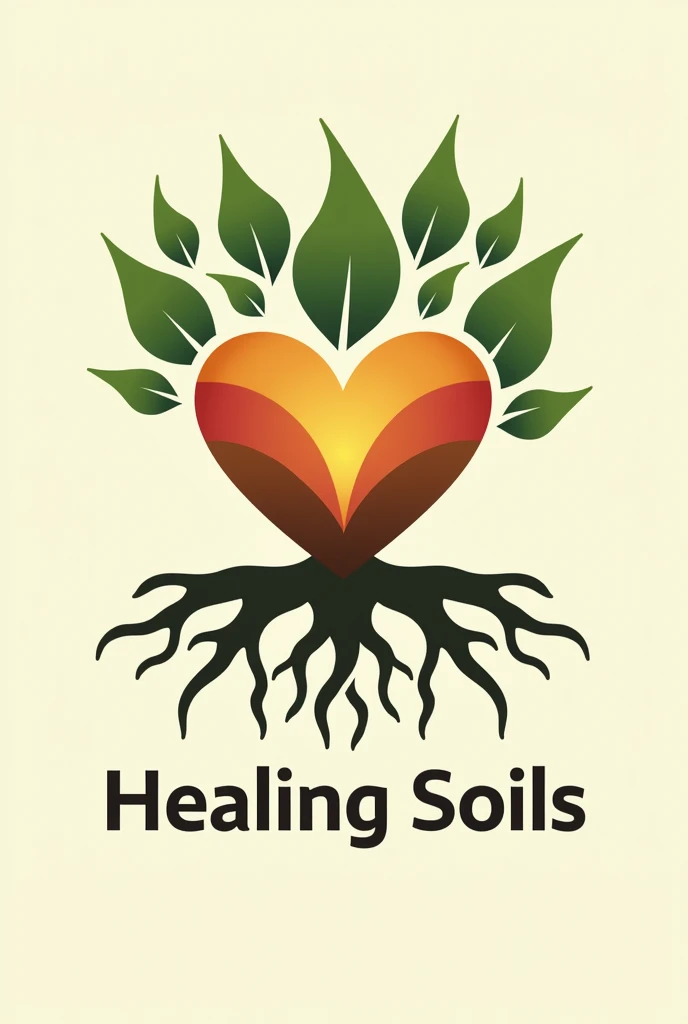 Central isotype in the center a heart that merges with an earth symbol, with leaves sprouting from it. The roots extend downward, creating a feeling of stability. The company name Healing Soils may be located below the isotype. Use green, brown, yellow and red colors