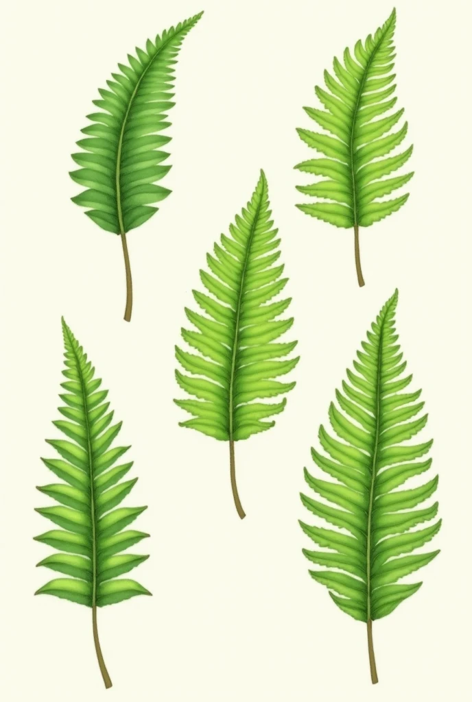 Draw me a realistic drawing about fern leaf, with 5 different variation and patterns