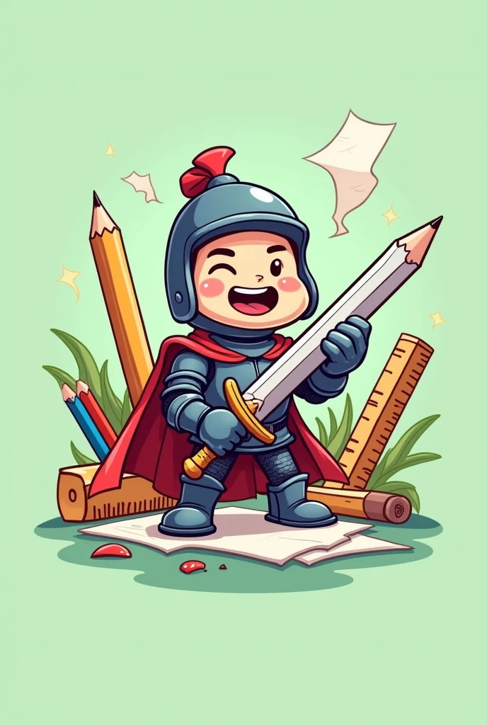 A round-shaped logo that is a cartoon and has a knight holding a pencil as a sword with utensils like pencils in the background., rulers and sheets of paper and the background of the image is light green