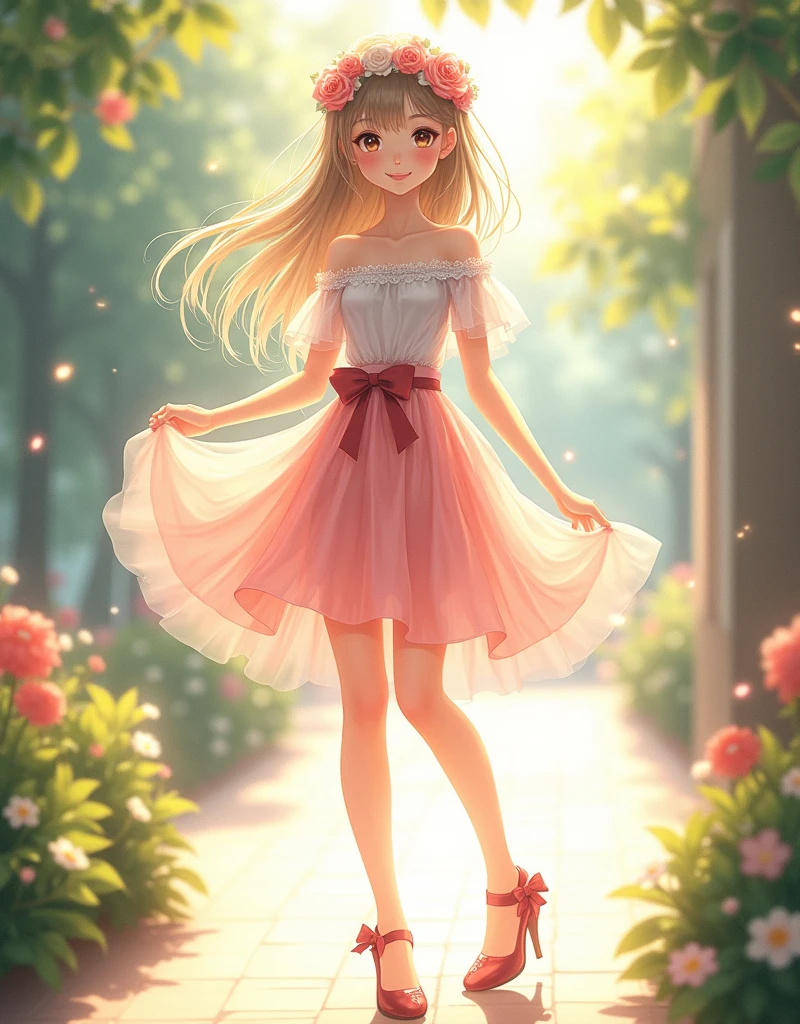 Ultra high quality,Long legs,Smile,Sunlight passing through the body,Lace off-the-shoulder,Wear flowers on your head,student,charming,Ribbon,Pink skirt,High heel