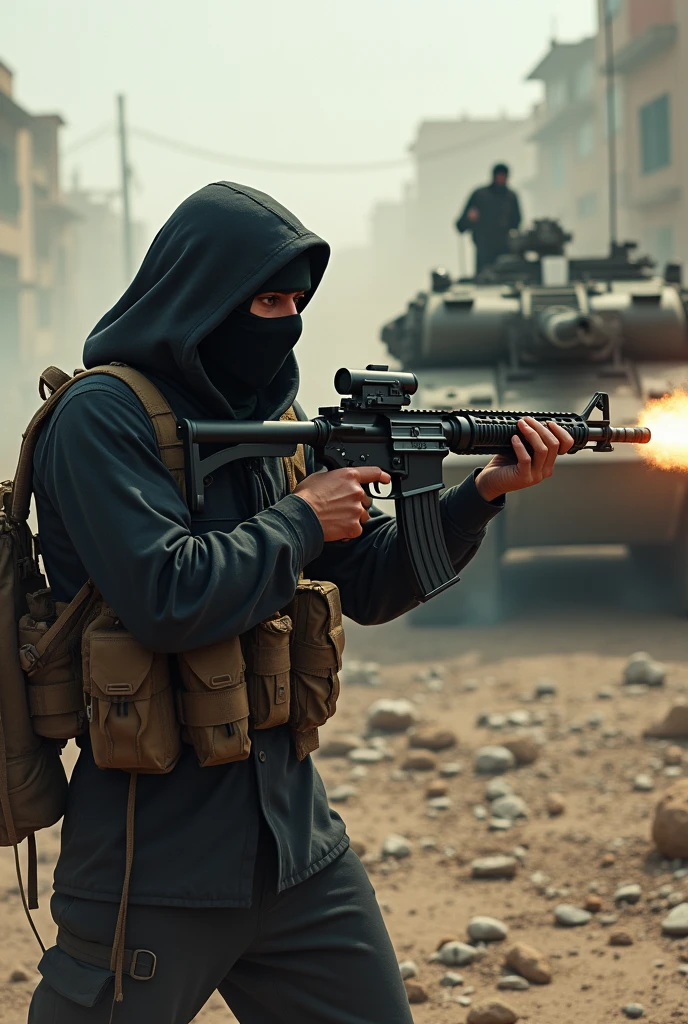 A masked Palestinian fighter carries an RPG weapon and destroys an Israeli tank 