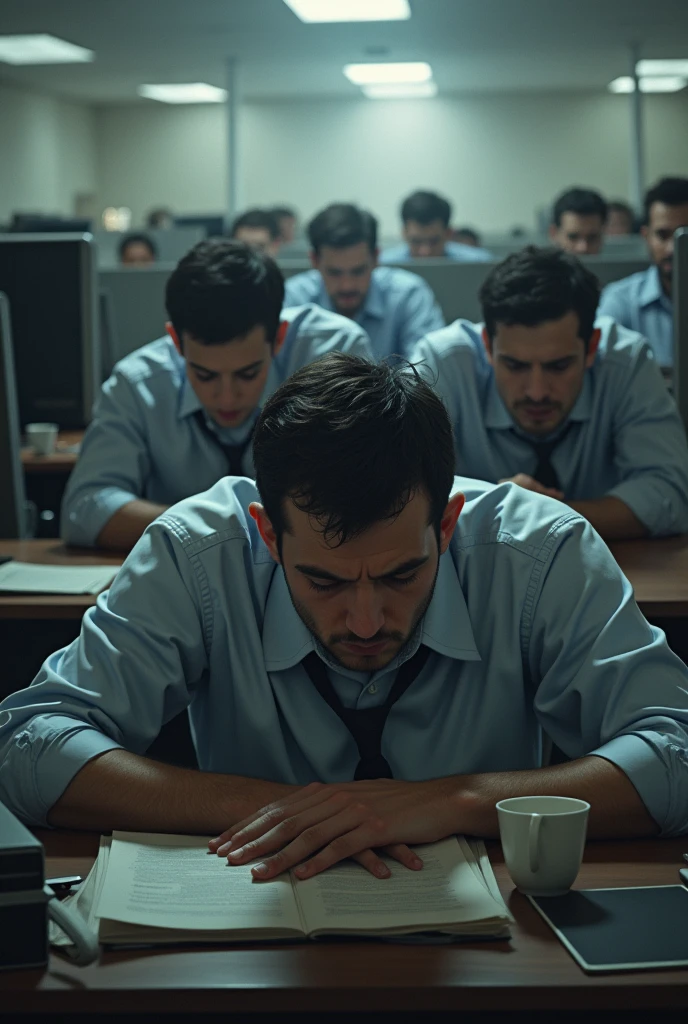 Make a picture of tired people working in a company