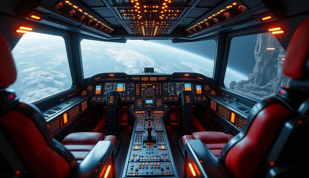 (masterpiece:1.2,of the highest quality,Super detailed,realist,Ultra high resolution camera),8k,futuristic spaceship,behind the spaceship,detailed spaceship interior,detailed cockpit controls,realistic lighting,cinematic composition,dramatic angles,dynamic pose,highly detailed,intricate details,vibrant colors,Dramatic lighting