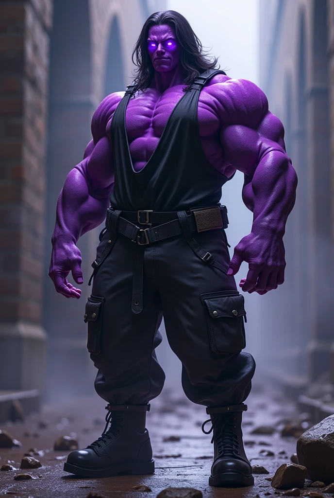 A boy with purple eyes, slightly long hair, with a wide and robust body, wearing black clothes with purple details.
badass clothing: chemise, cargo pants, combat boots.
He is actually a purple slime in humanoid form..