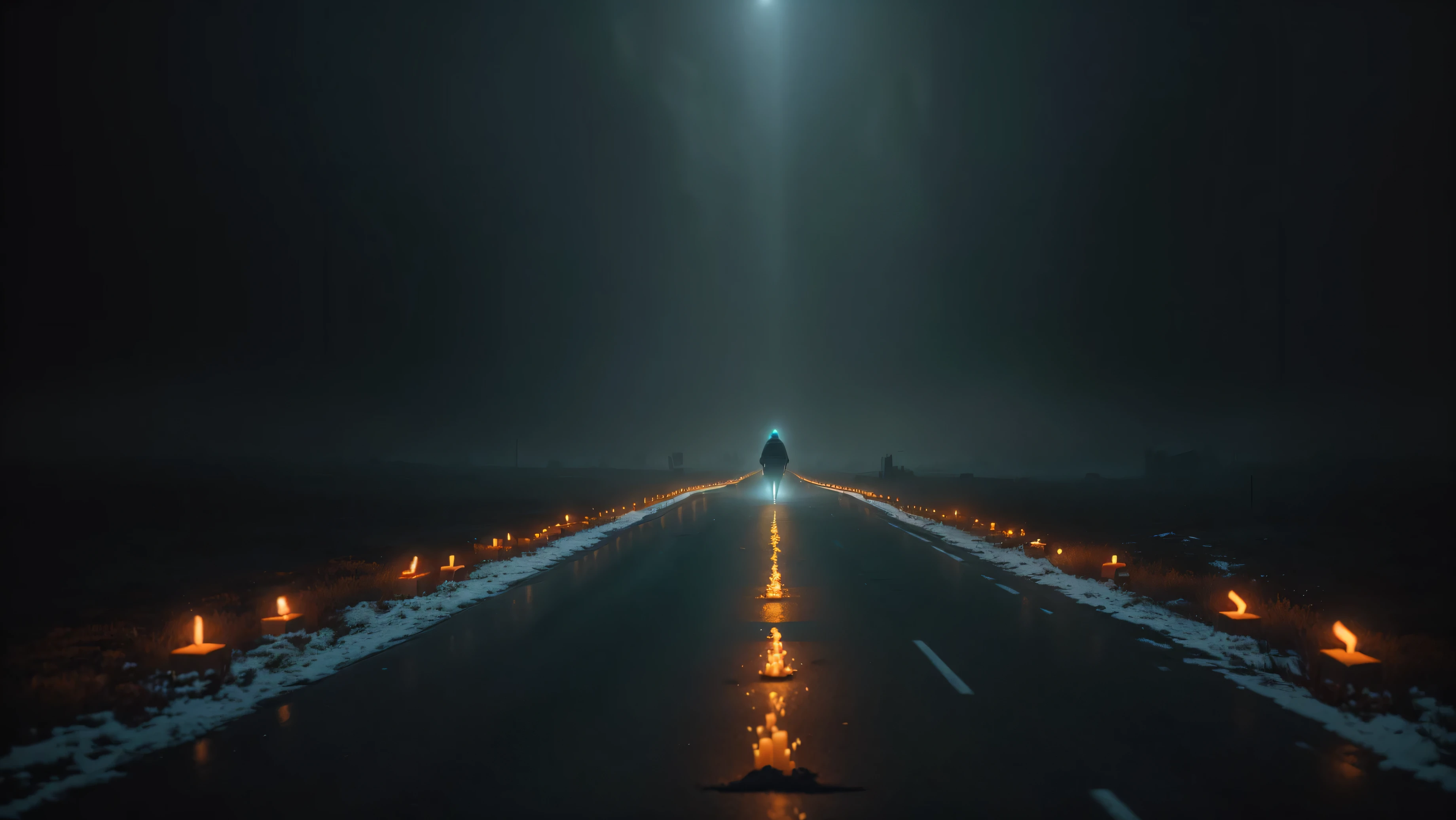 there is a man walking down a long road with candles, by Eglon van der Neer, inspired by Mike Winkelmann, cinematic beeple, digital art 4k unsettling, artem demura beeple, beeple. octane render, inspired by Michal Karcz, dramatic light 8 k, inspired by Michał Karcz