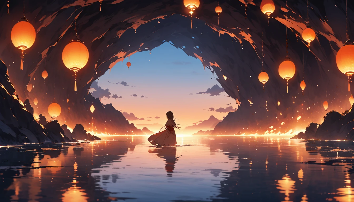 「Please draw a fantastical Ghibli-style landscape that matches Lofi music.。In the water that spreads inside the cave、The soft light of the setting sun shines in、The waves are gently swaying。The water surface is dyed in shades of orange and pink.、It creates a fantastic atmosphere。On the cave walls、The light of the setting sun is reflected、It creates a quiet beauty。This whole scene is、It gives the viewer a comfortable, relaxing feeling that makes them feel sleepy.、It has a calm and magical atmosphere.。」
