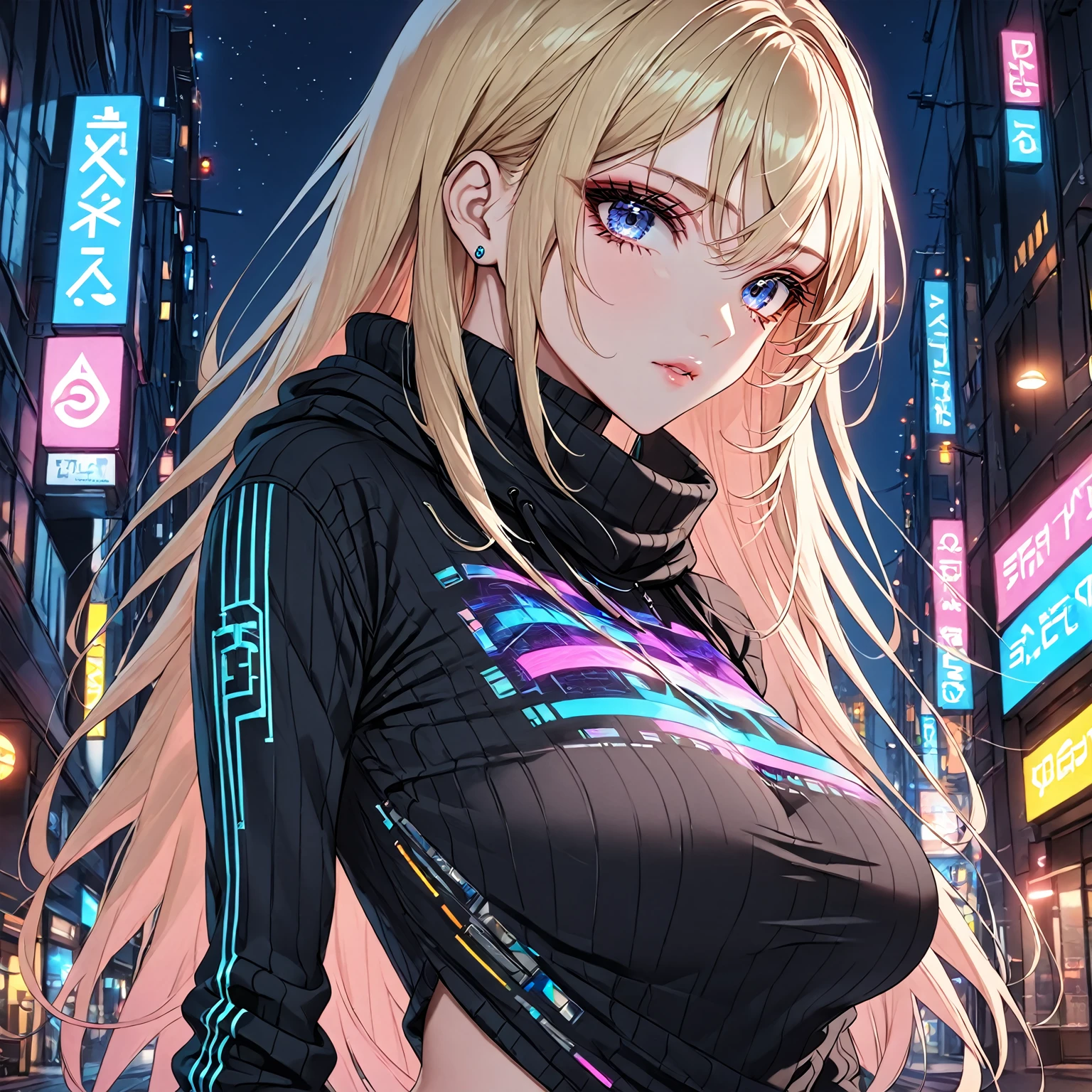 Princess Peach, 1 woman, blue eyes, straight blonde hair, long hair over her breasts, street clothes, low-cut black sweater, neon tattoos, science fiction. Futuristic, night, dark, sensual body. Long eyelashes, detailed face, beautiful, sensual face. Sweatshirt, hood.