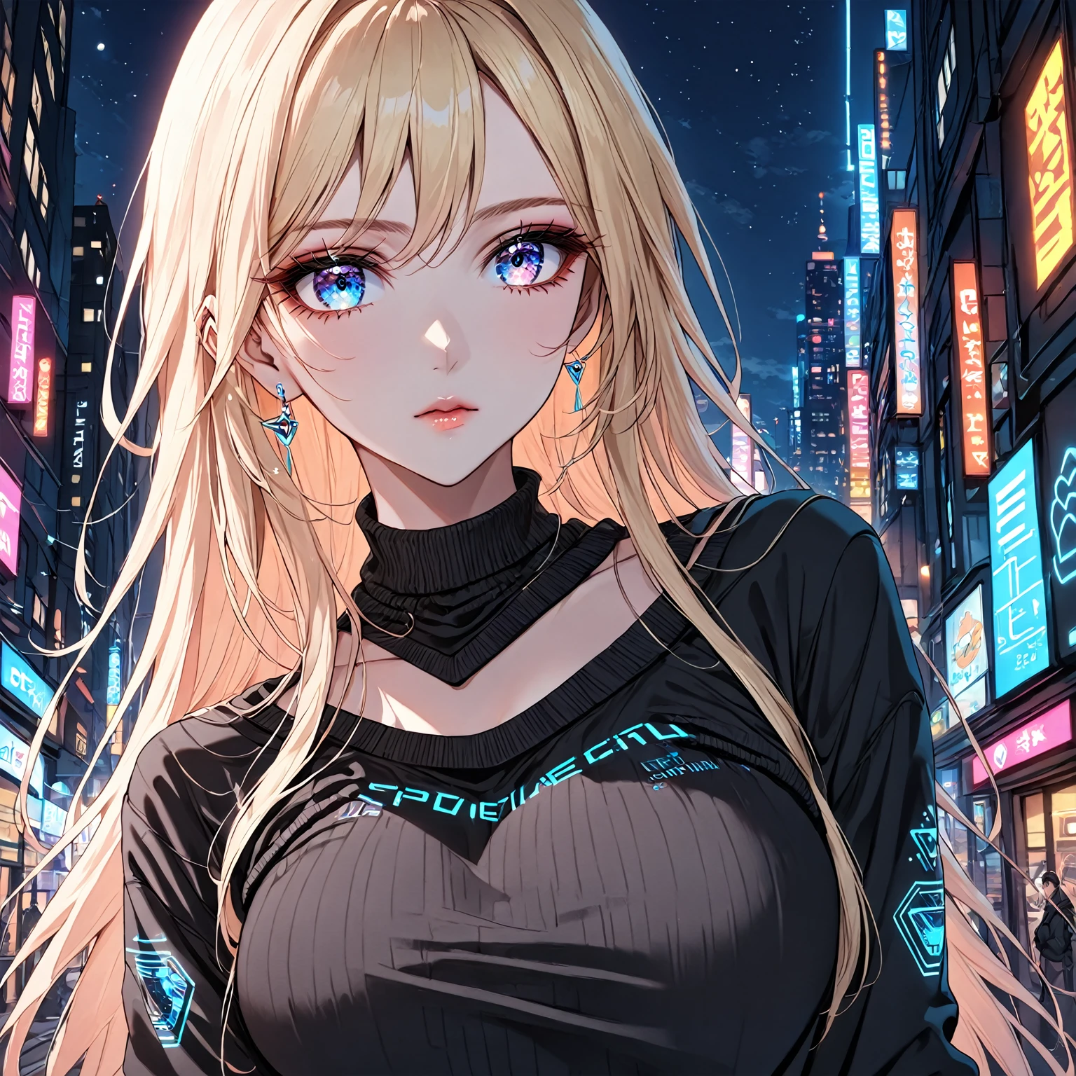 Princess Peach, 1 woman, blue eyes, straight blonde hair, long hair over her breasts, street clothes, low-cut black sweater, neon tattoos, science fiction. Futuristic, night, dark, sensual body. Long eyelashes, detailed face, beautiful, sensual face. Sweatshirt, hood.