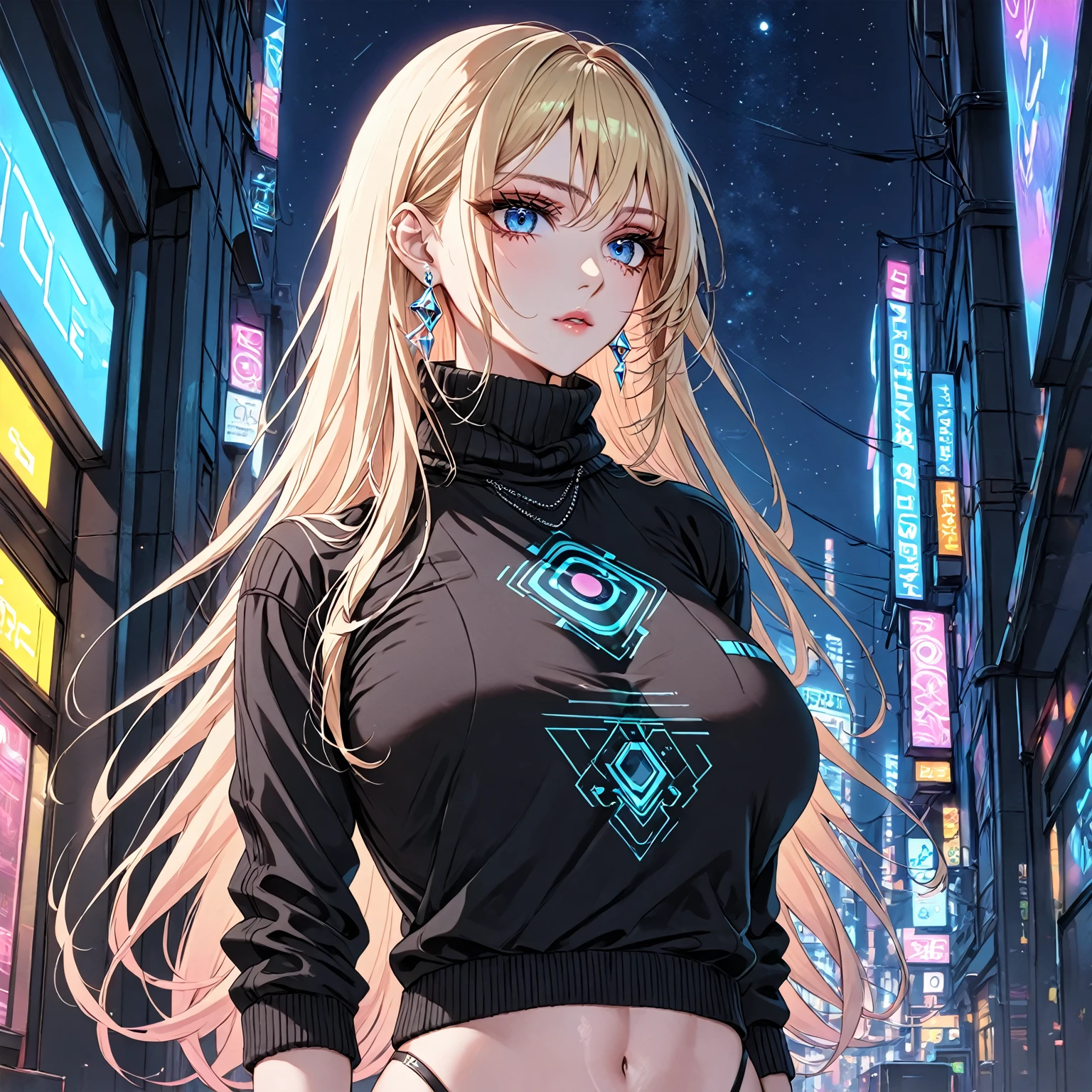 Princess Peach, 1 woman, blue eyes, straight blonde hair, long hair over her breasts, street clothes, low-cut black sweater, neon tattoos, science fiction. Futuristic, night, dark, sensual body. Long eyelashes, detailed face, beautiful, sensual face. Sweatshirt, hood.