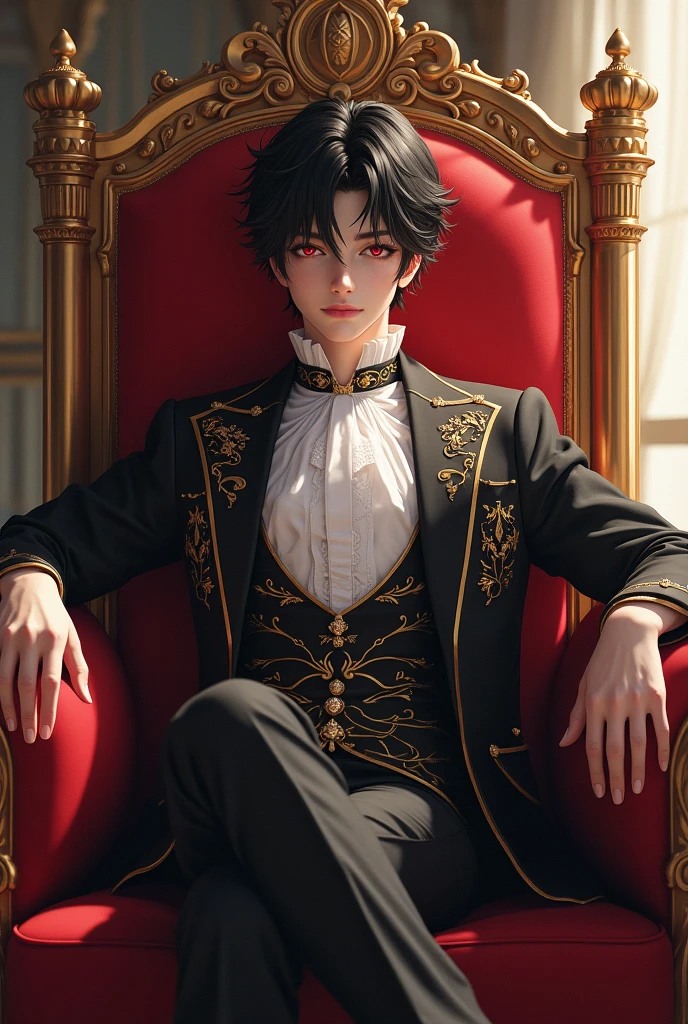 A fifteen years old boy with black hair and red eyes wearing noble and lucious clothes. Casually sitting on the throne.