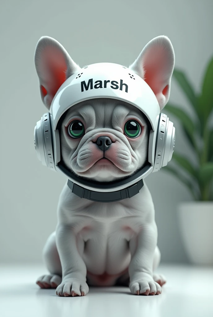 a light grey french bulldog sitting with green eyes, technological with the design of DJ Marshmallow on the head and with the name highlighted "Marsh"

