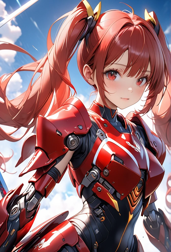 3dCG concept art, 1girl robot girl with long red hair in twin tails, red eyes, wearing flashy robotic armor, holding a long red and white sword, flying through a blue sky、Dynamically flying through the sky,High quality, high precision images, masterpiece, best quality, 4k, 8k. Ultra detail, ultra fine painting, physically based rendering, cinematic lighting, vivid color, professional photo resolution, award winning